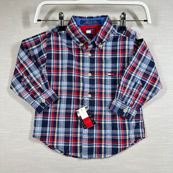 VINTAGE Tommy Hilfiger Shirt Boys 2T Blue Plaid Dress Button Up 90s Y2K - Picture 1 of 7